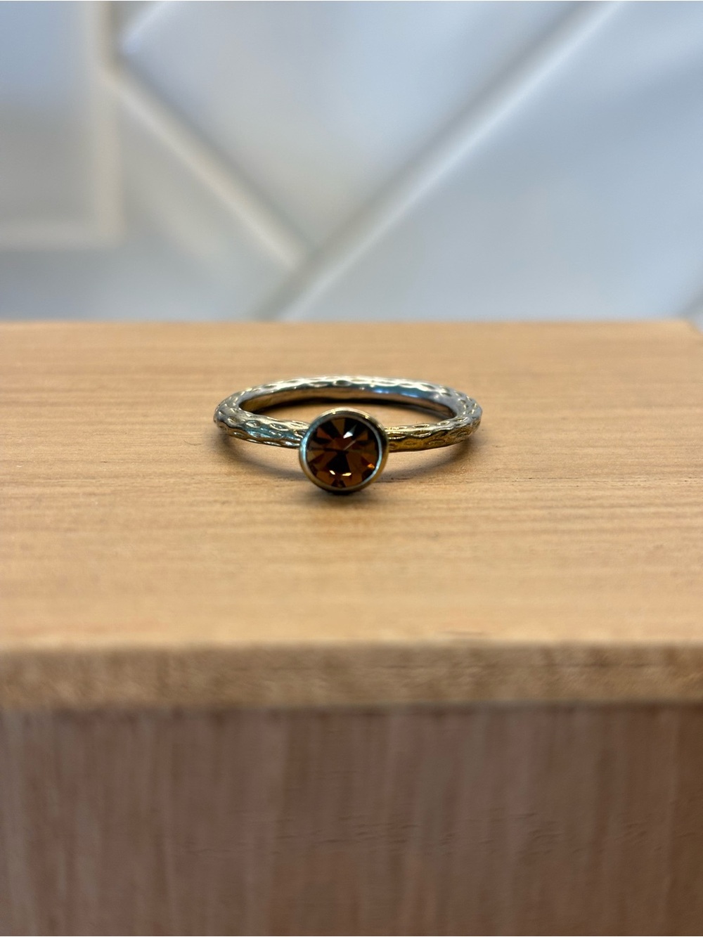 Antiqued Hammered Gold-Tone Ring with Amber/Topaz Crystal